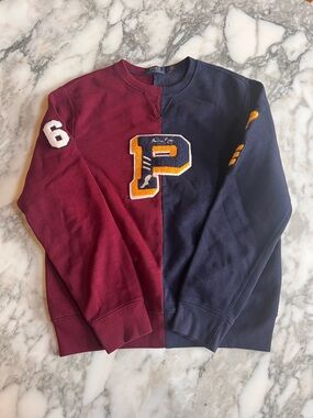 Ralph Lauren Two-Tone Maroon & Navy Crewneck Sweater with Varsity 'P'